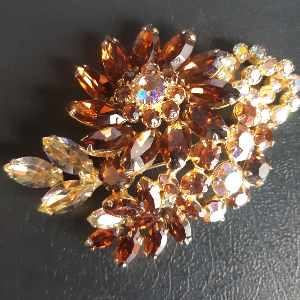 Vintage Rhinestone Aurora Borealis and Amber Coloured Stones Floral Brooch